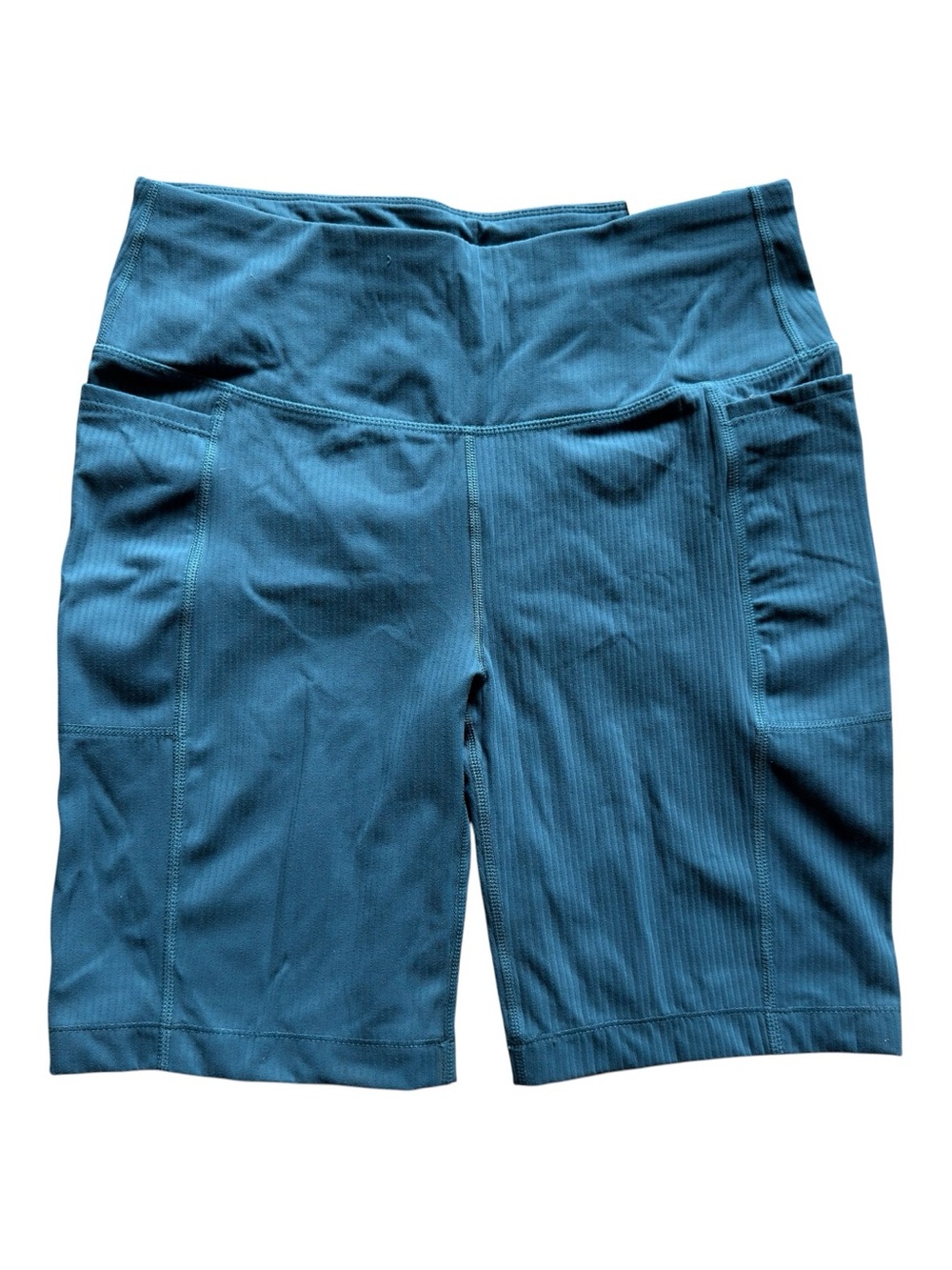 Mondetta High-Rise Ribbed Teal Biker Shorts with Side Pockets